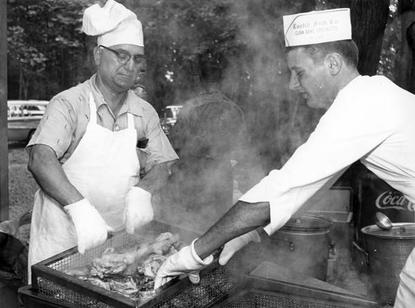 Vintage picture of the Euclid Fish Company team hard at work making Chef Comella’s original Cleveland clambake