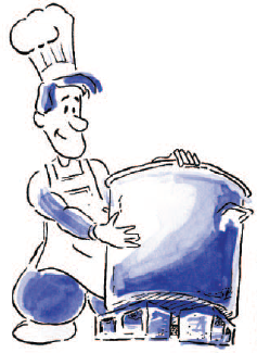 Graphic of chef putting pot on fire