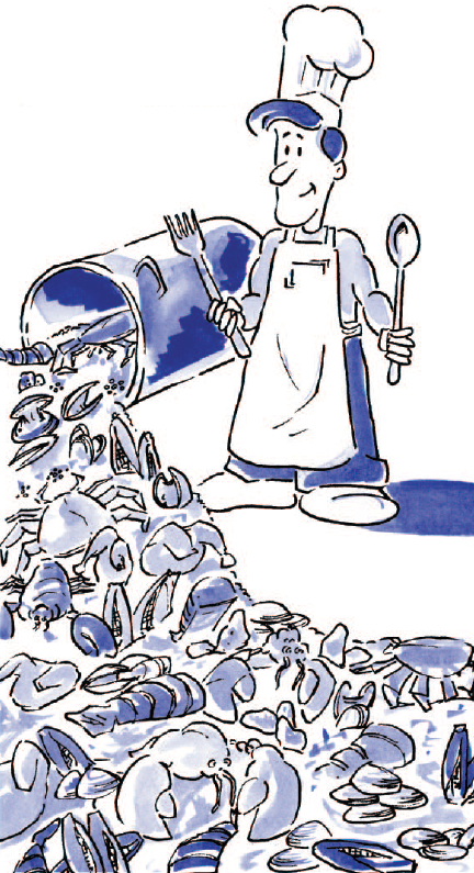 Graphic of chef among spilled clambake