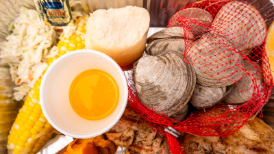 Fully cooked traditional clambake sold by Euclid Fish Company near Cleveland